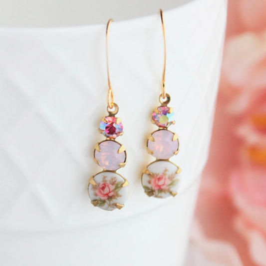 Vintage Glass Earrings -Three Jewel - Pink Rose on White