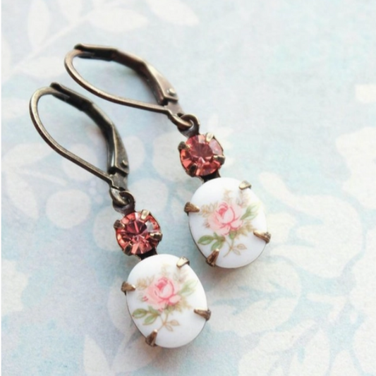 Cameo Earrings Pink Rose & Vintage Glass