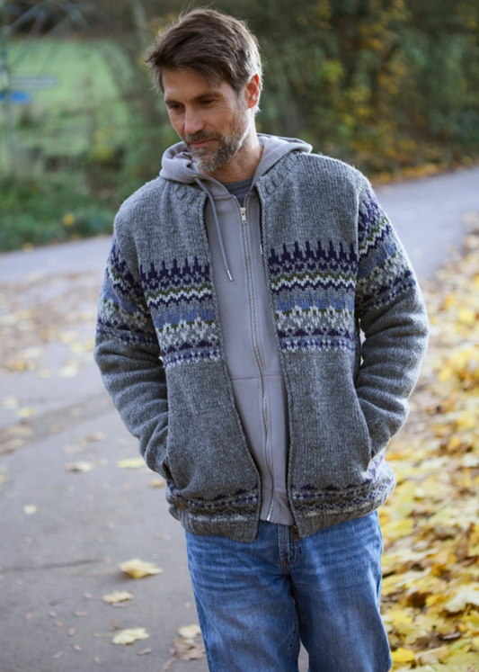 Westport Fair Isle Zip Jacket Grey Blue Fleece Lined