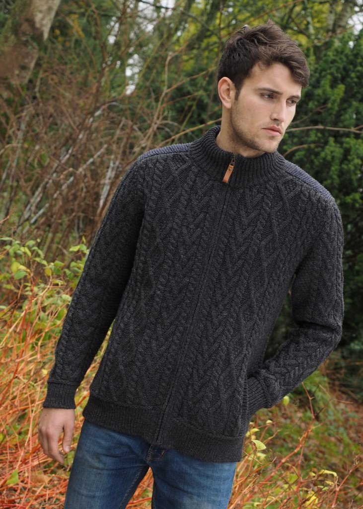 Aran Craft Zip Cardigan with Patch Shoulder Detail