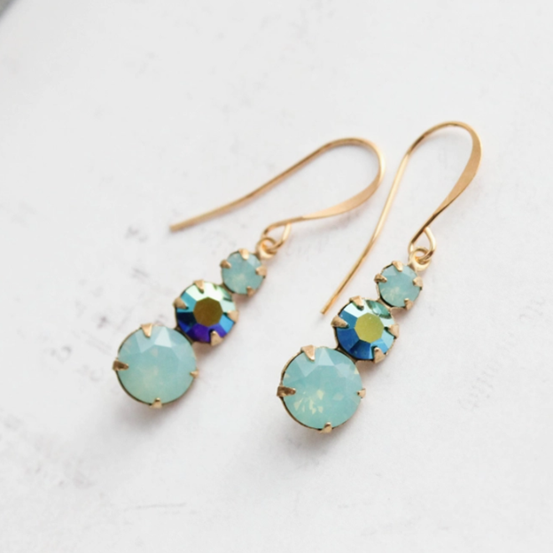 Vintage Glass Earrings -Three Jewel - Aqua Mint