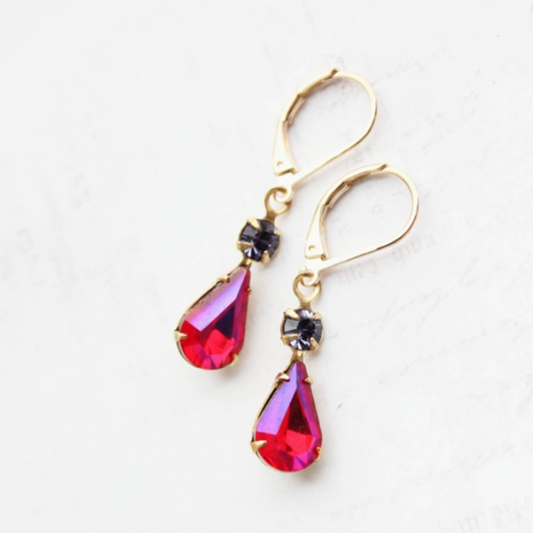 Vintage Glass Earrings -Teardrop - Aurora Hot Pink