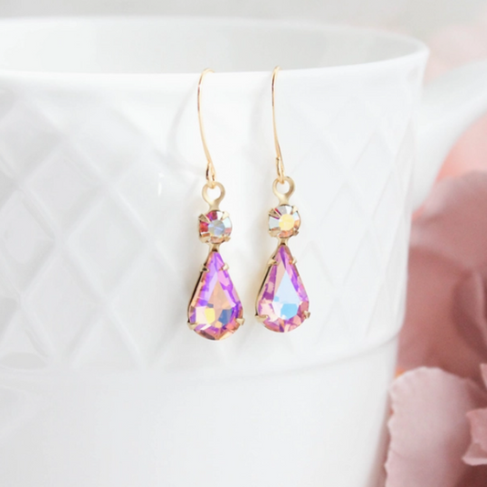 Vintage Glass Earrings -Teardrop - Aurora Rose Pink