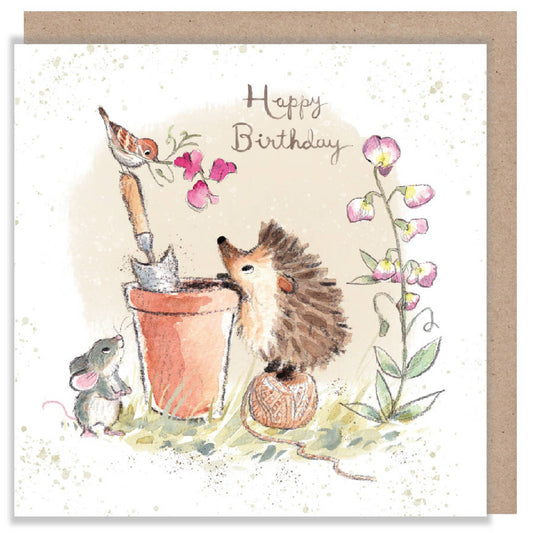 Birthday card  - Hedgehog and bird with sweet peas