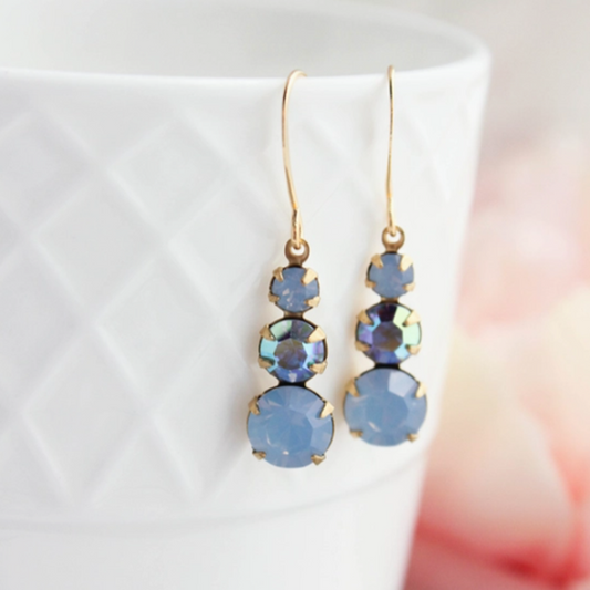 Vintage Glass Earrings -Three Jewel - Blue