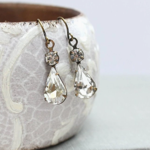 Vintage Glass Earrings -Teardrop - Crystal Sparkle