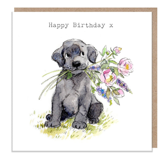 Birthday card  - Black Labrador With Flowers