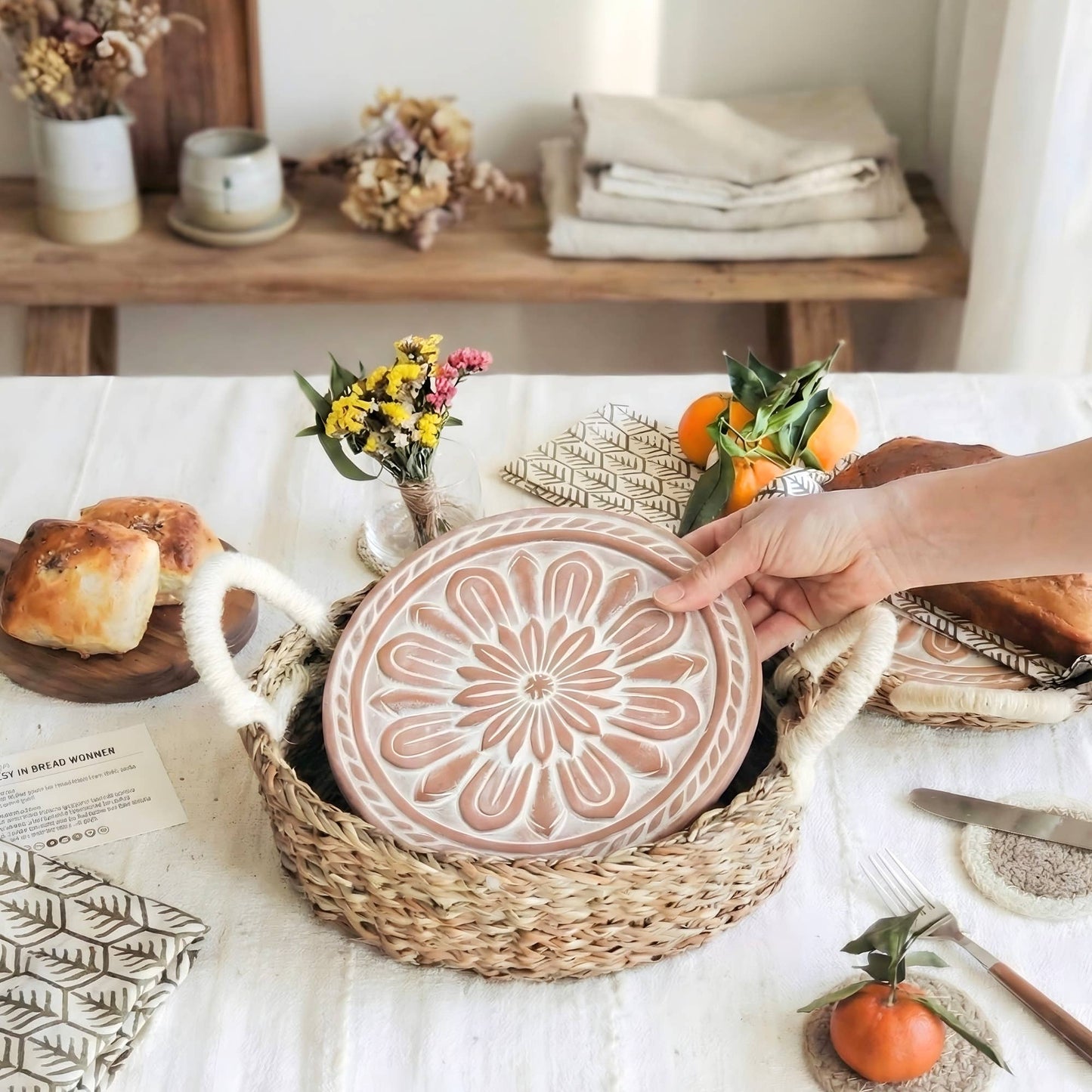 Handmade Bread Warmer & Wicker Basket - Vintage Flower Round