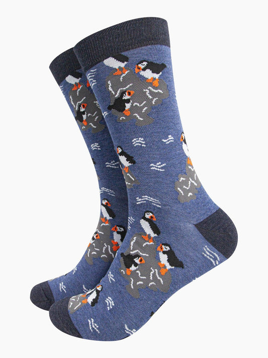 Puffins On Rocks Bamboo Socks In Denim