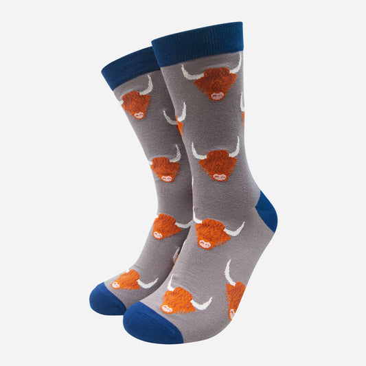 Highland Cow Bamboo Socks In Grey
