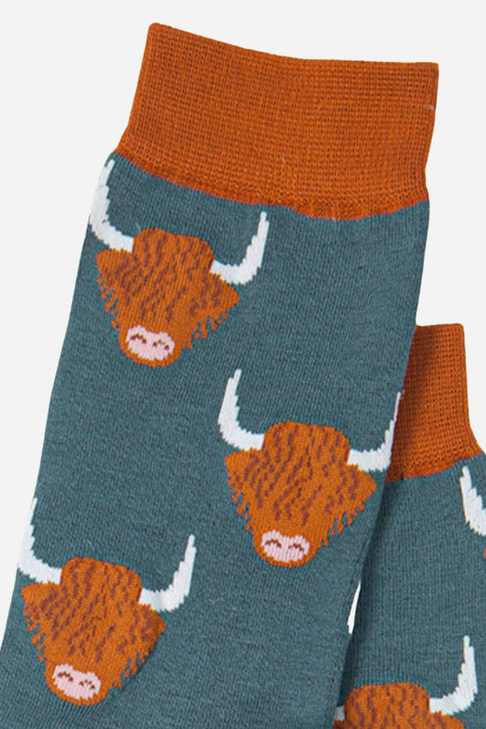 Highland Cow Bamboo Socks In Teal