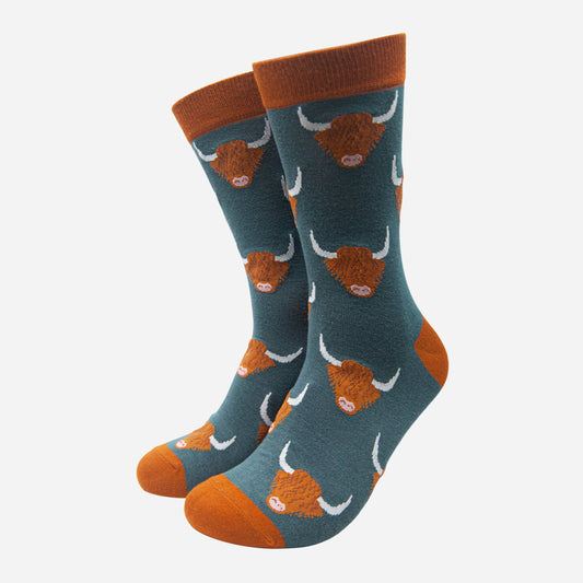 Highland Cow Bamboo Socks In Teal