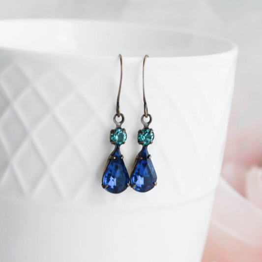 Vintage Glass Earrings -Teardrop - Midnight Blue