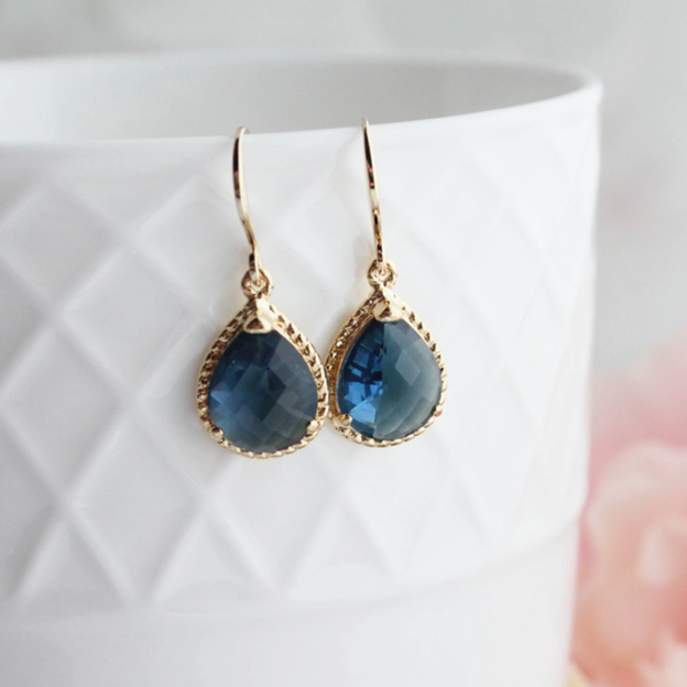 Glass Drop Earrings - Navy Blue - Rope Setting