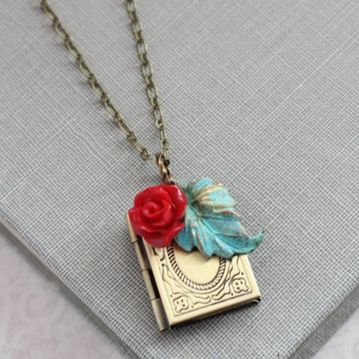 Book Locket - Red Rose & Leaf