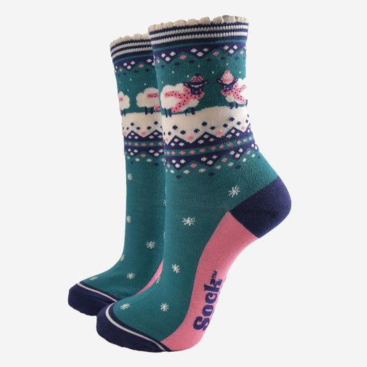Sheep Fair Isle Bamboo Socks in Green