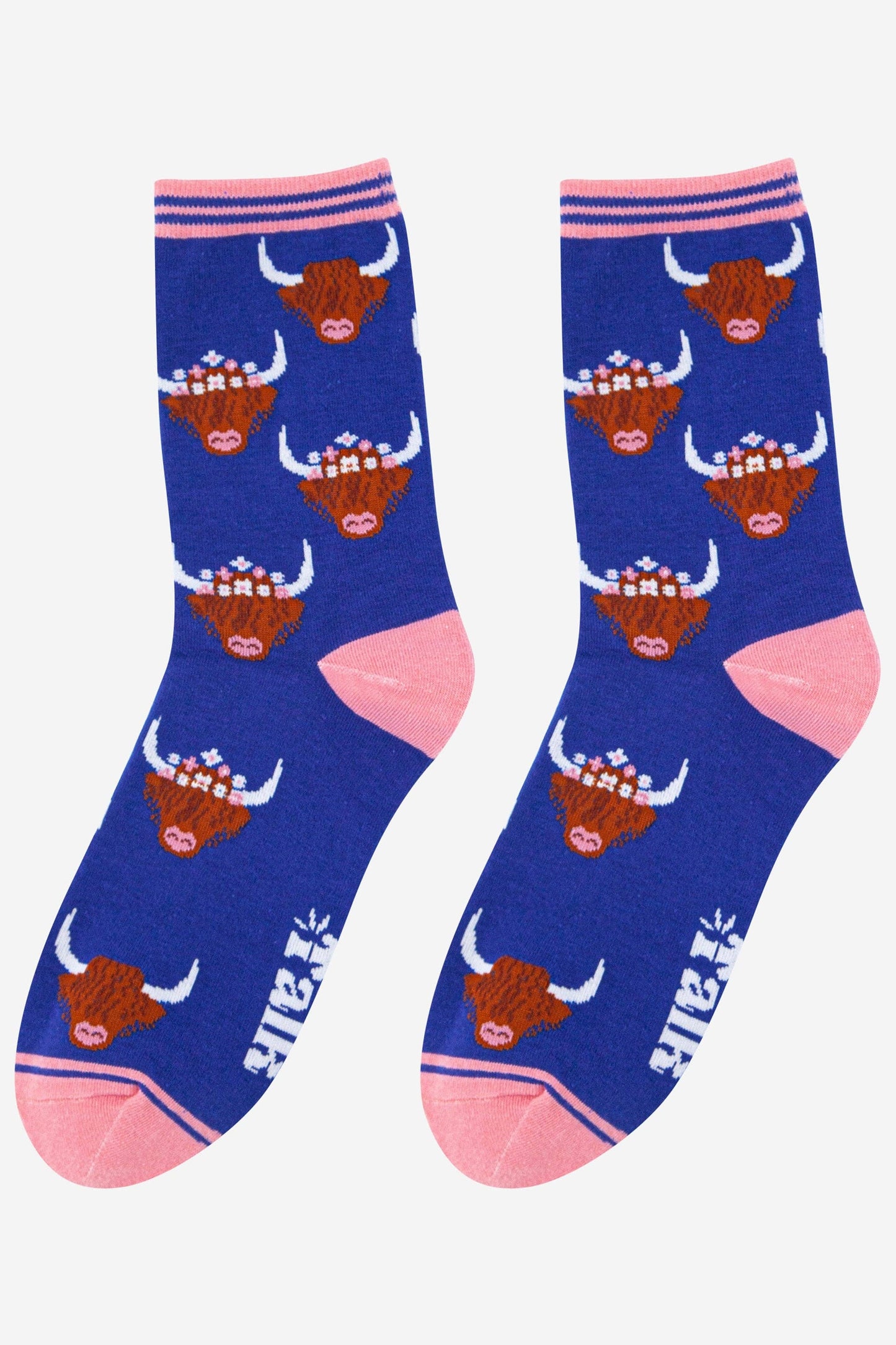 Highland Cow Bamboo Socks in Blue