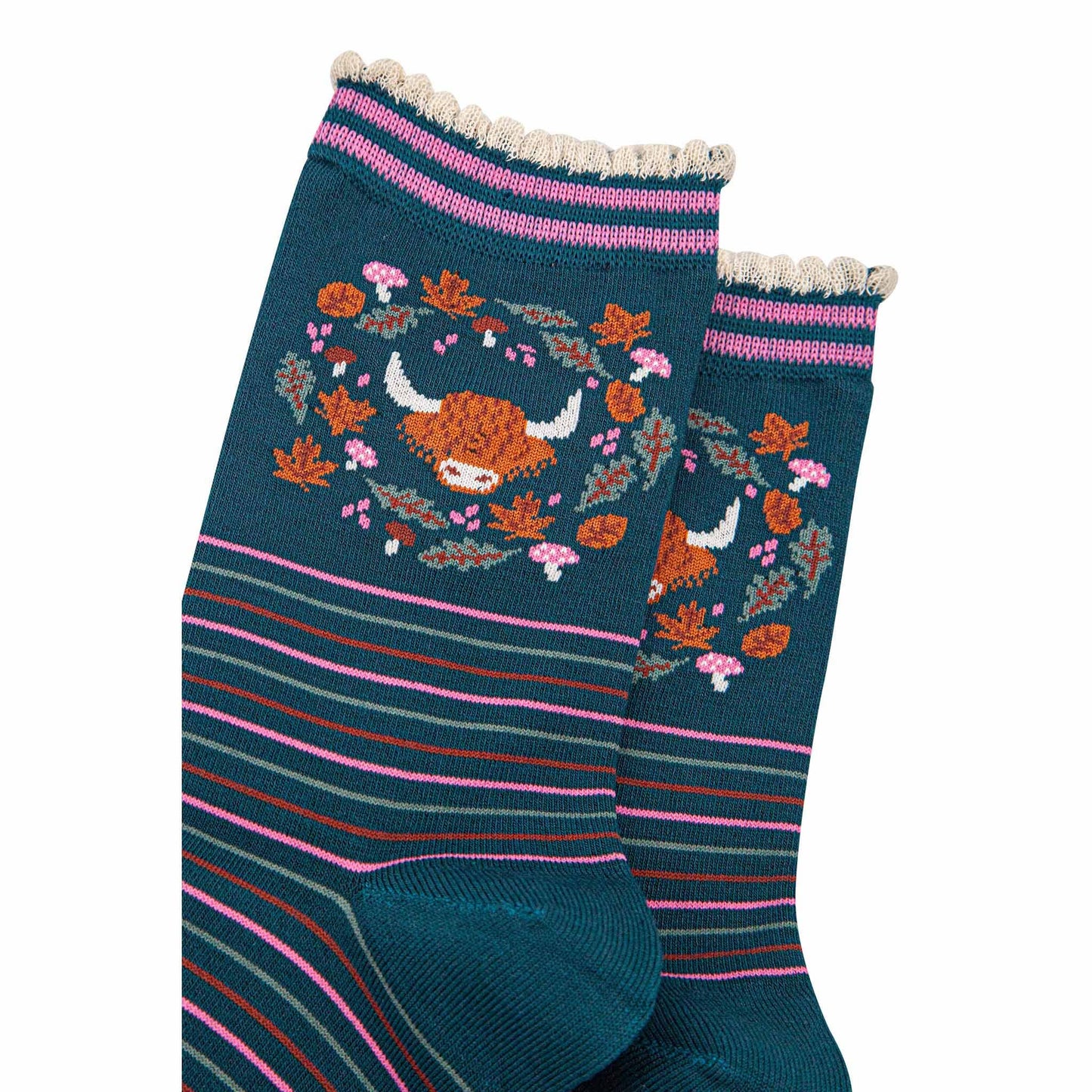 Highland Cow Floral Bamboo Socks in Green