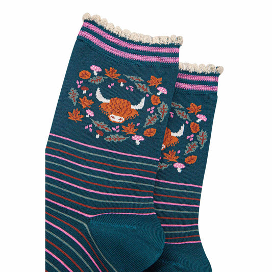 Highland Cow Floral Bamboo Socks in Green