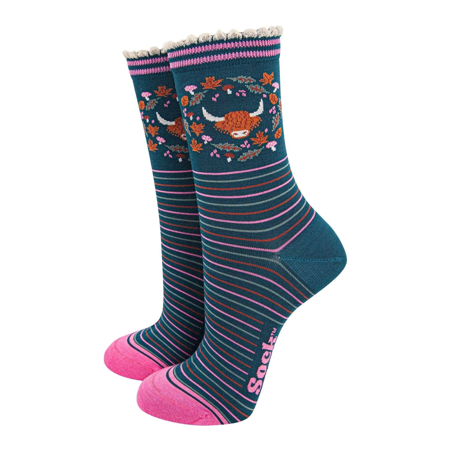 Highland Cow Floral Bamboo Socks in Green