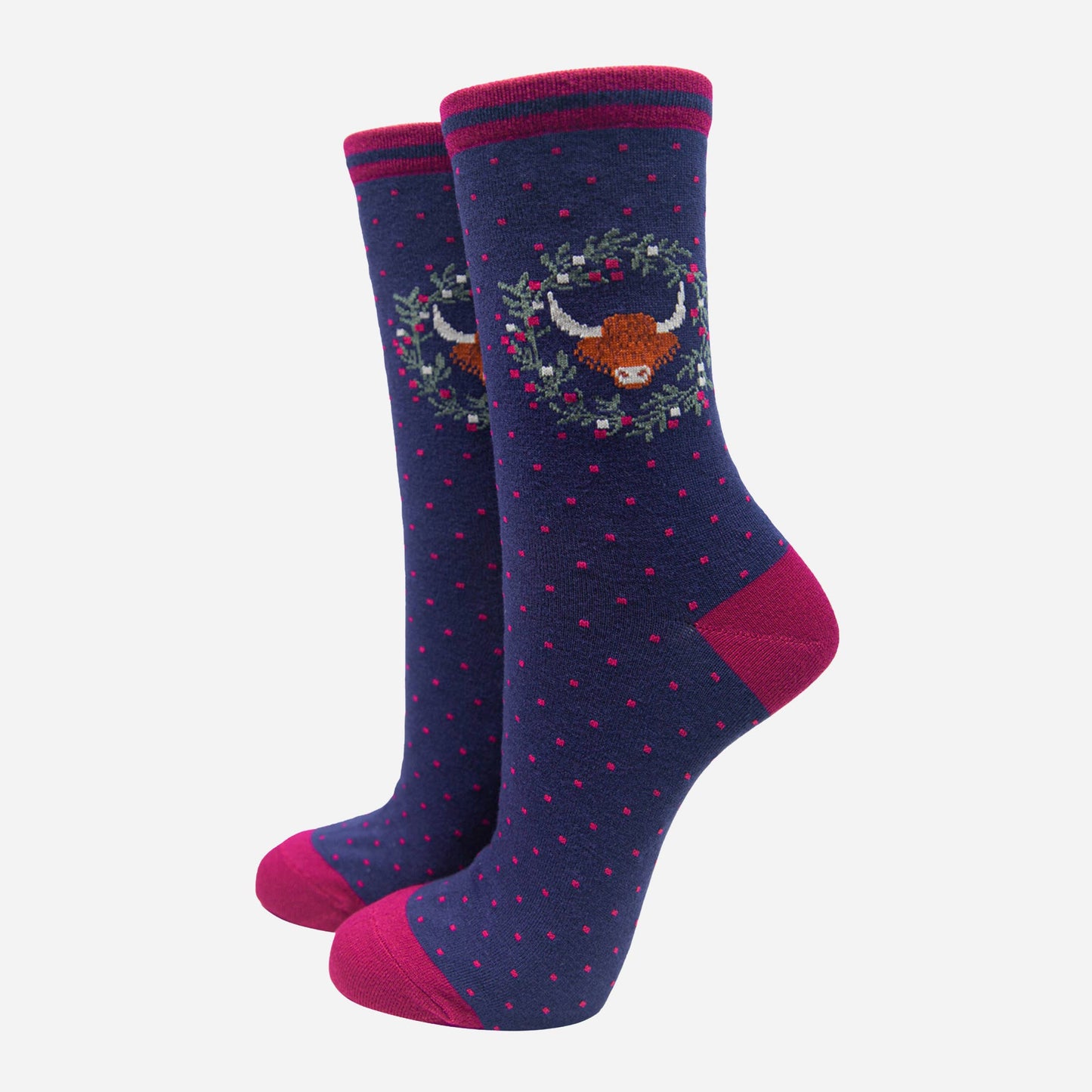 Highland Cow Navy Wreath Bamboo Socks