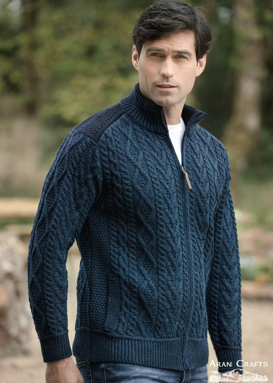 Aran Craft Zip Cardigan with Patch Shoulder Detail